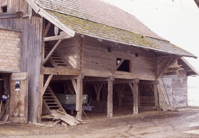 Die Meindlhütte an ihrem ursprünglichen Standhort in Anthering. Seitliche Ansicht der Meindlhütte, die schon ausgeräumt wirkt. Das Dach ist teilweise mit Moos bedeckt.