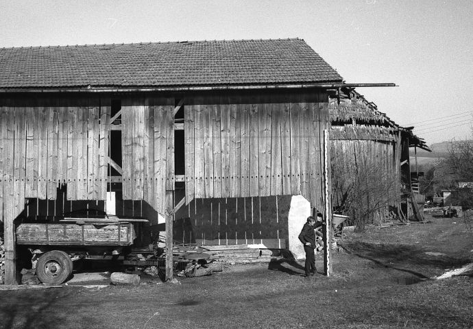 Der Buchnerstall an seinem ursprünglichen Standort in Reicherting. Ansicht auf den rechten Teil einer Längsseite mit Unterständen für Maschinen und Holz.